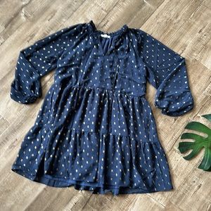 Adorable Babydoll Dress dark blue and metallic gold flecks open neck with tie Lg